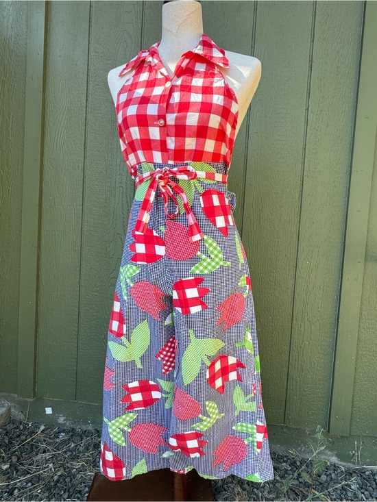 Vintage Pants - 1960s/70s Vintage Red Gingham Tulips Halter Floral Jumpsuit